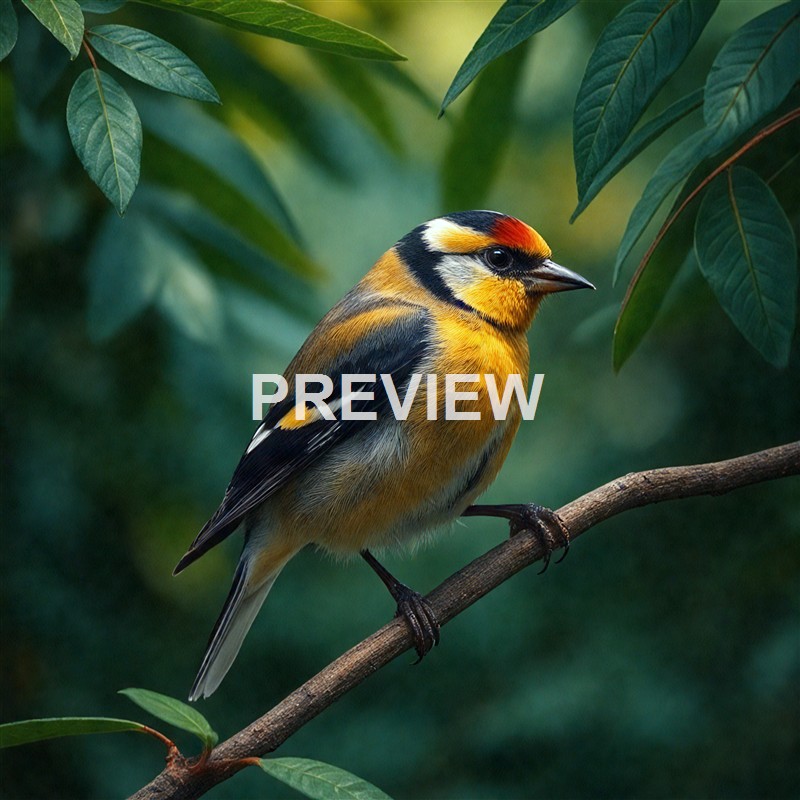 The image shows a colorful bird perched on a branch, surrounded by green leaves. The bird has vibrant yellow, black, white, and red markings on its head and body, and it appears to be in a natural, leafy environment.